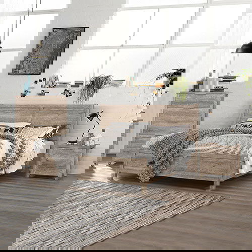 4 Pieces Bedroom Suite Natural Wood Like MDF Structure Double Size Oak Colour Bed, Bedside Table & Tallboy - Cosy Abode