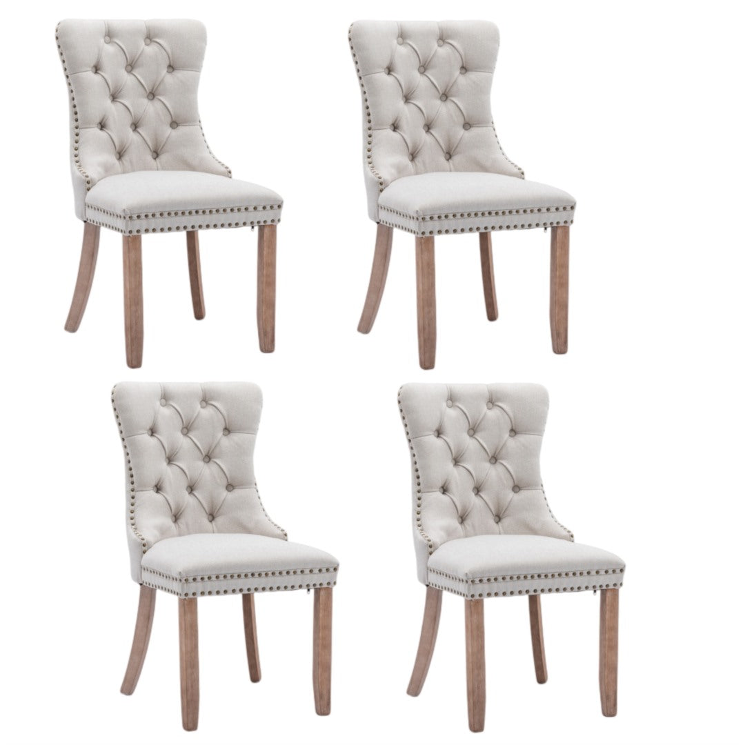 4x AADEN Modern Elegant Button-Tufted Upholstered Fabric with Studs Trim and Wooden legs Dining Side Chair-Beige - Cosy Abode