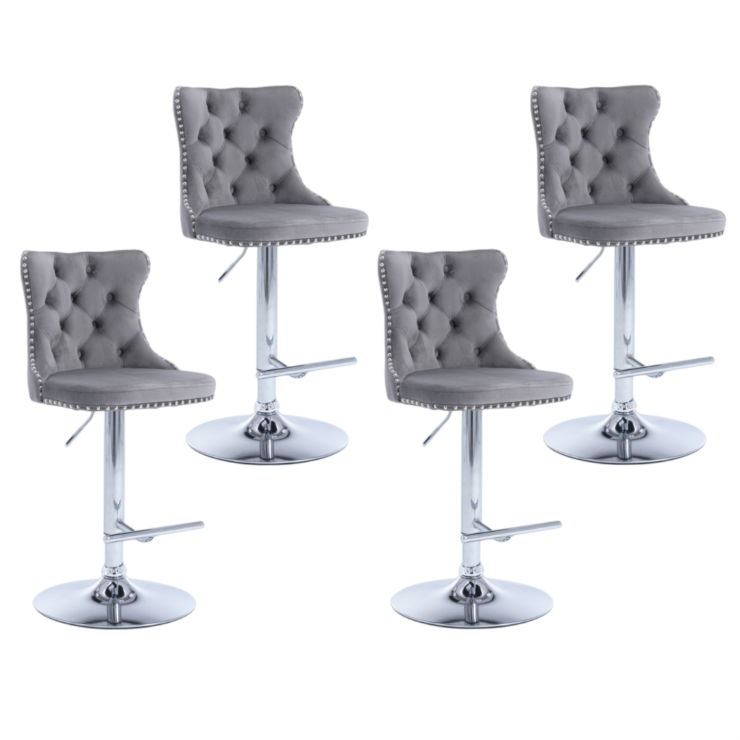 4x Height Adjustable Swivel Bar Stool Velvet Stud Barstool with Footrest and Chromed Base- Gray - Cosy Abode