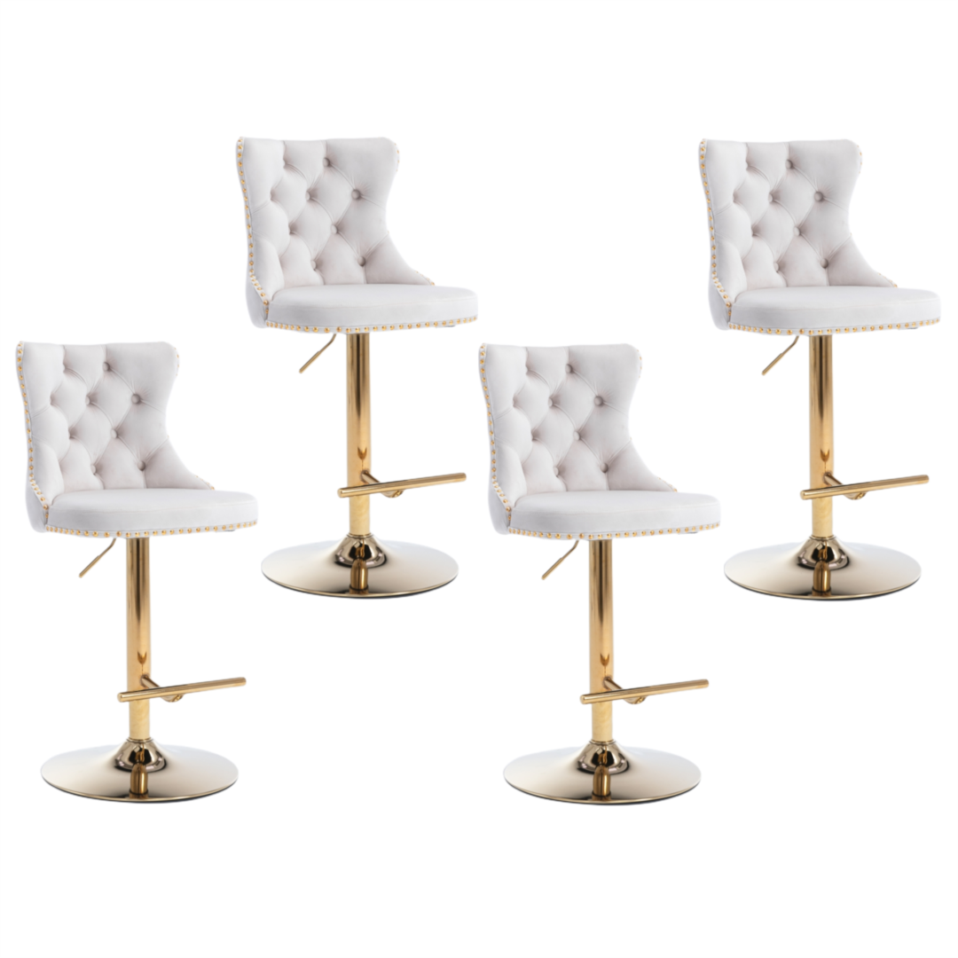 4x Height Adjustable Swivel Bar Stool Velvet Studs Barstool with Footrest and Golden Base- Beige - Cosy Abode