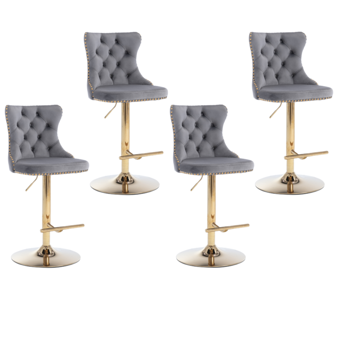 4x Height Adjustable Swivel Bar Stool Velvet Studs Barstool with Footrest and Golden Base- Grey - Cosy Abode
