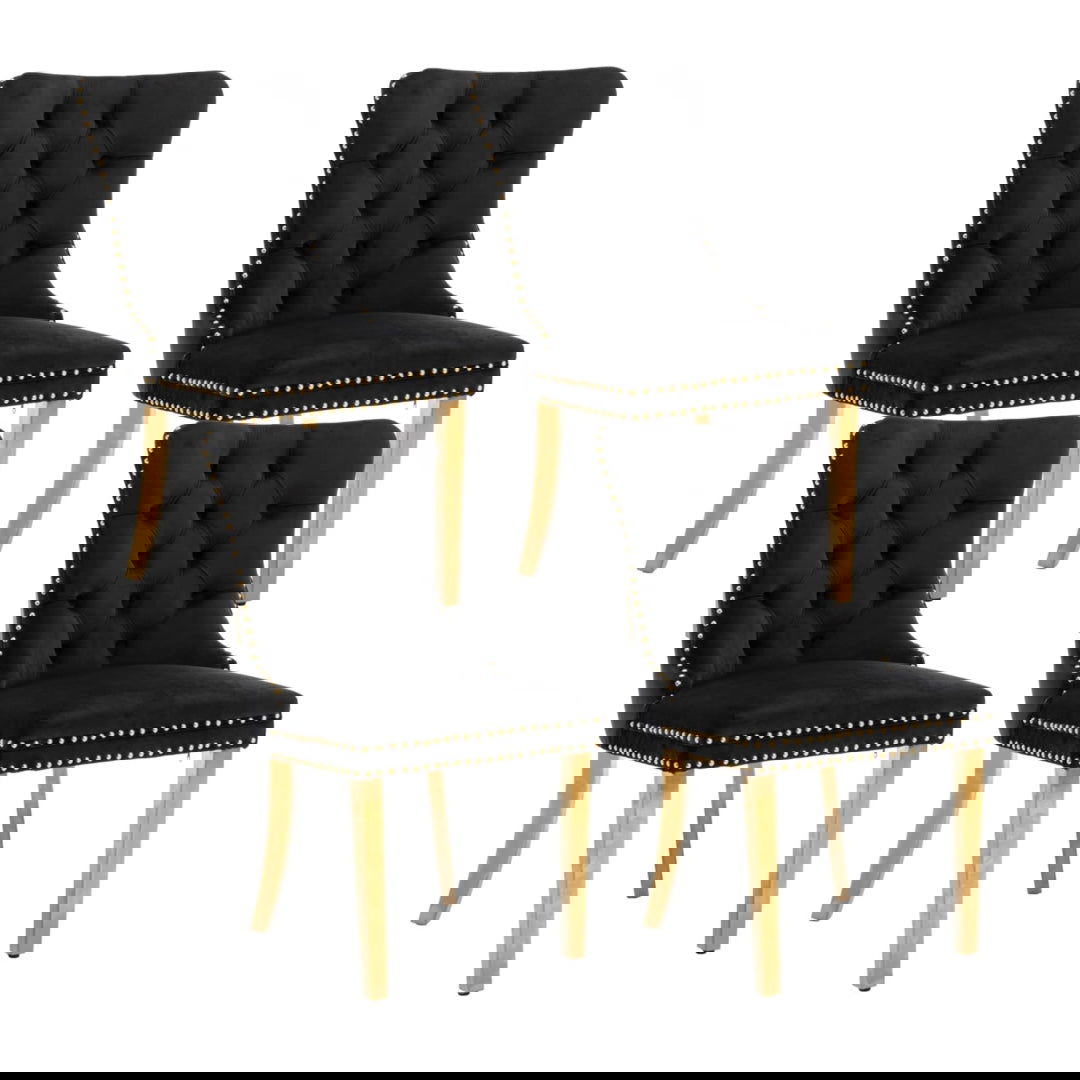 4x Velvet Dining Chairs with Golden Metal Legs-Black - Cosy Abode