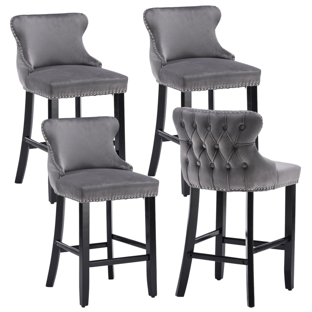 4x Velvet Upholstered Button Tufted Bar Stools with Wood Legs and Studs-Grey - Cosy Abode