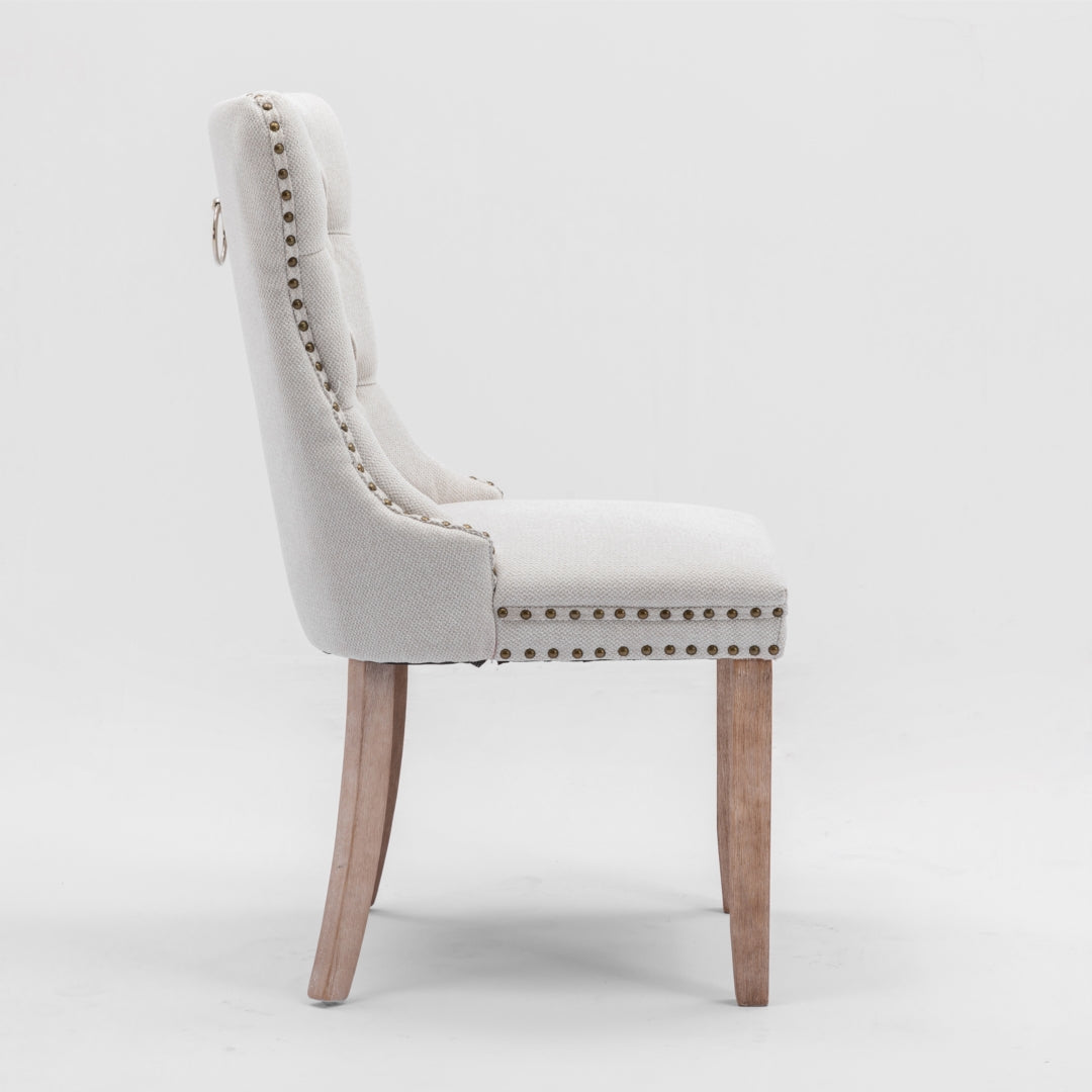 6x AADEN Modern Elegant Button-Tufted Upholstered Fabric with Studs Trim and Wooden legs Dining Side Chair-Beige - Cosy Abode