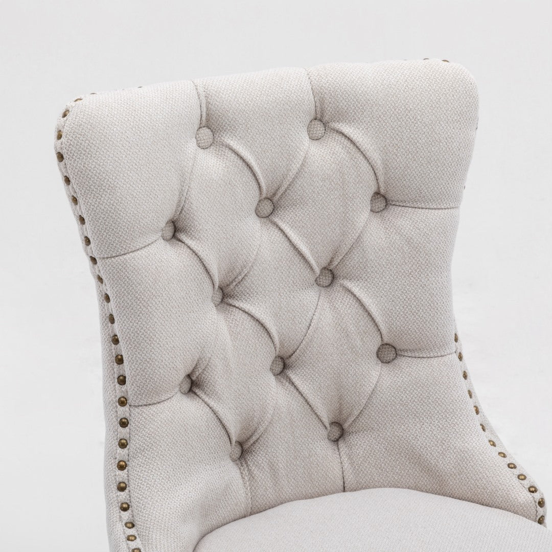6x AADEN Modern Elegant Button-Tufted Upholstered Fabric with Studs Trim and Wooden legs Dining Side Chair-Beige - Cosy Abode