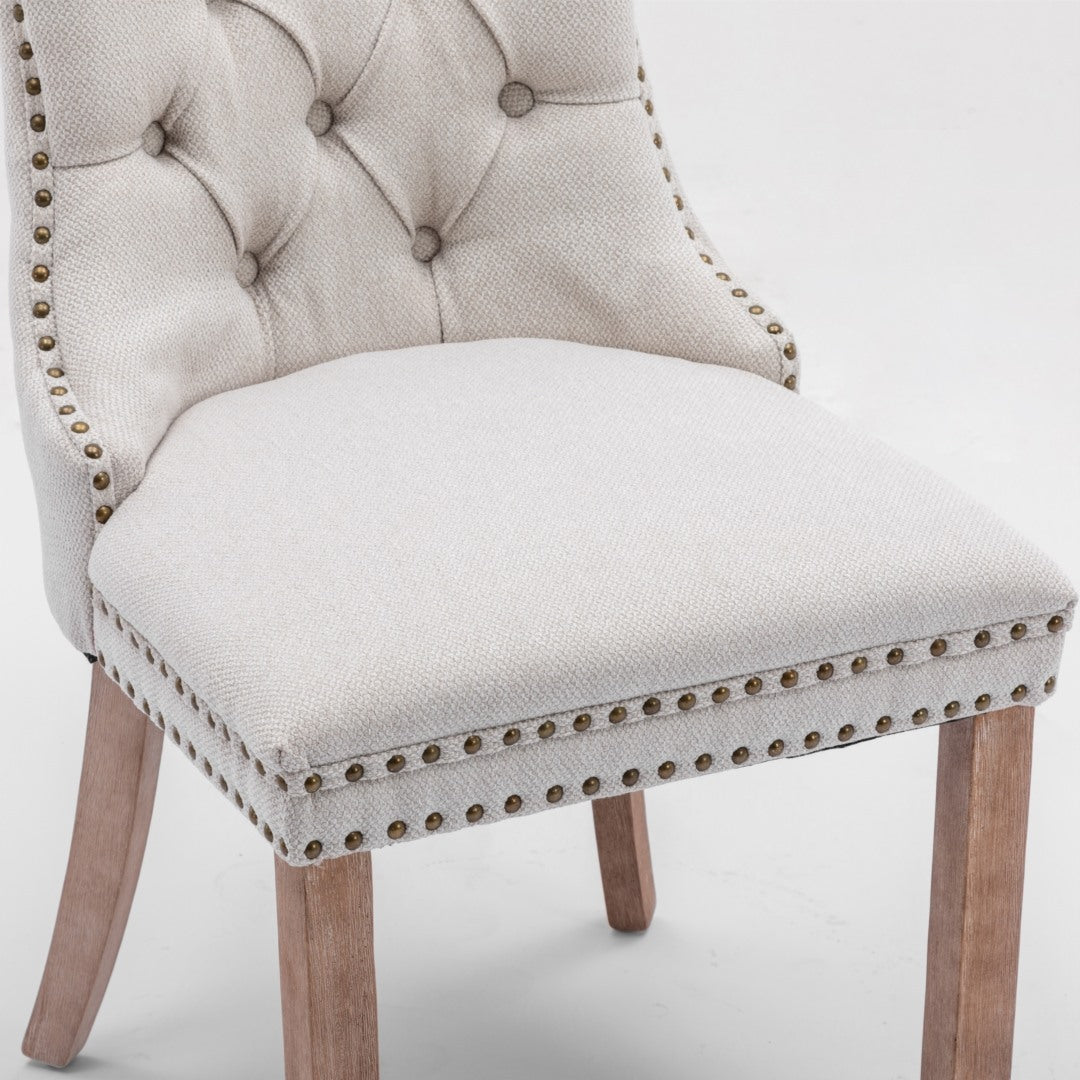 6x AADEN Modern Elegant Button-Tufted Upholstered Fabric with Studs Trim and Wooden legs Dining Side Chair-Beige - Cosy Abode