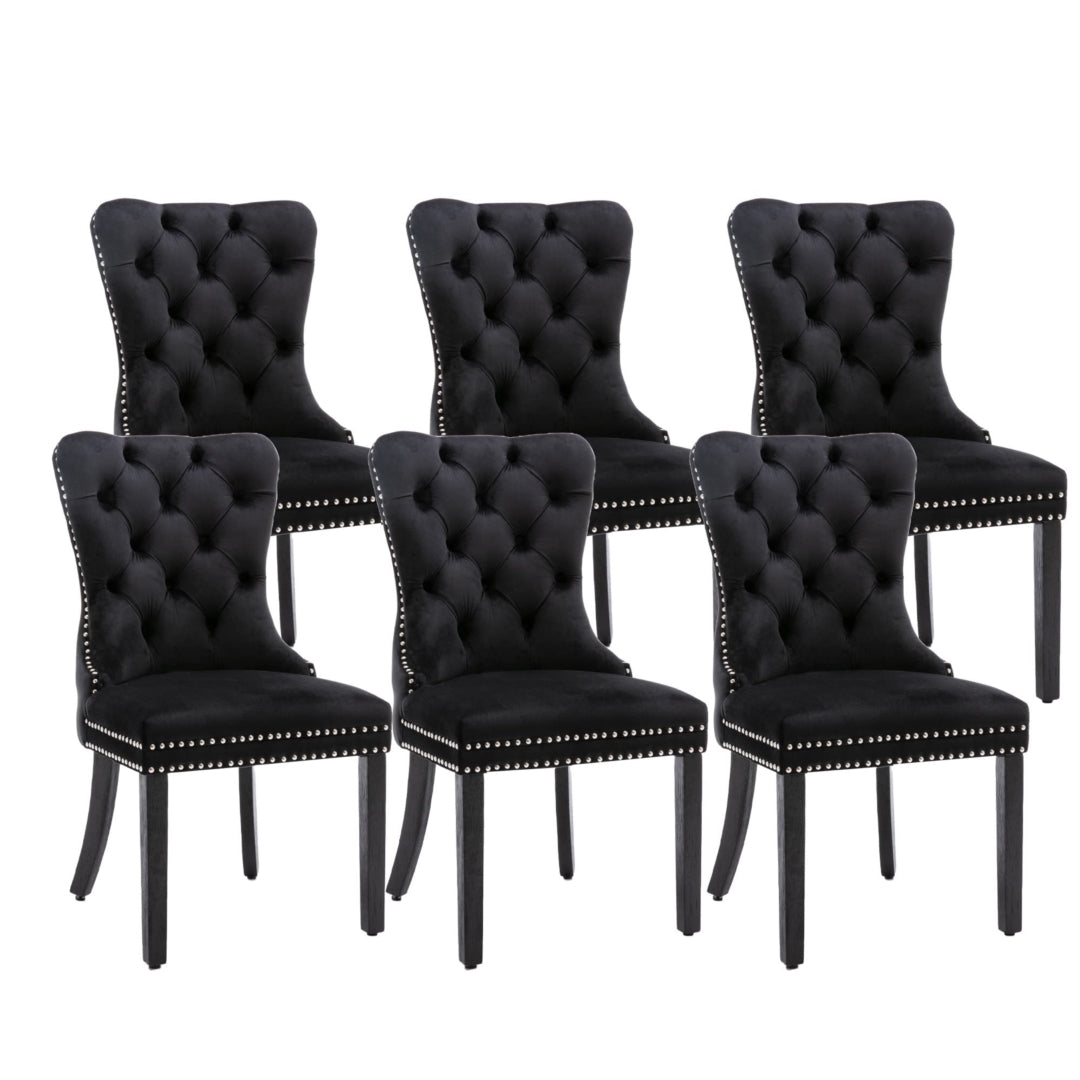 6x Velvet Dining Chairs Upholstered Tufted Kithcen Chair with Solid Wood Legs Stud Trim and Ring-Black - Cosy Abode