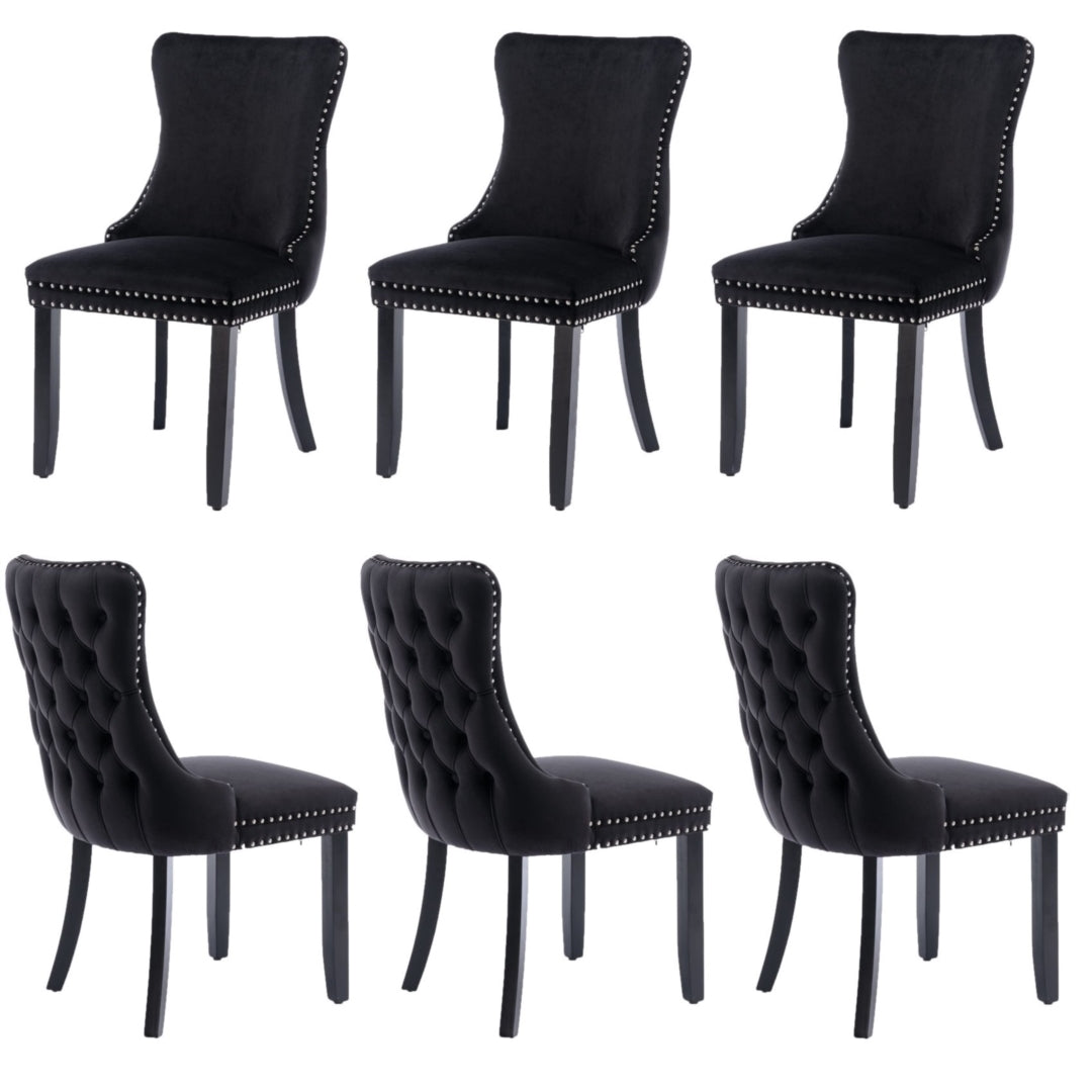6x Velvet Upholstered Dining Chairs Tufted Wingback Side Chair with Studs Trim Solid Wood Legs for Kitchen - Cosy Abode