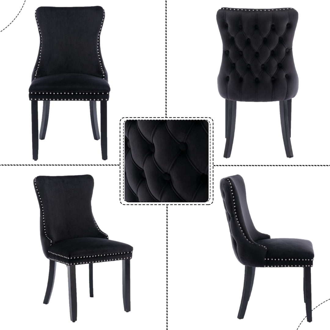 6x Velvet Upholstered Dining Chairs Tufted Wingback Side Chair with Studs Trim Solid Wood Legs for Kitchen - Cosy Abode