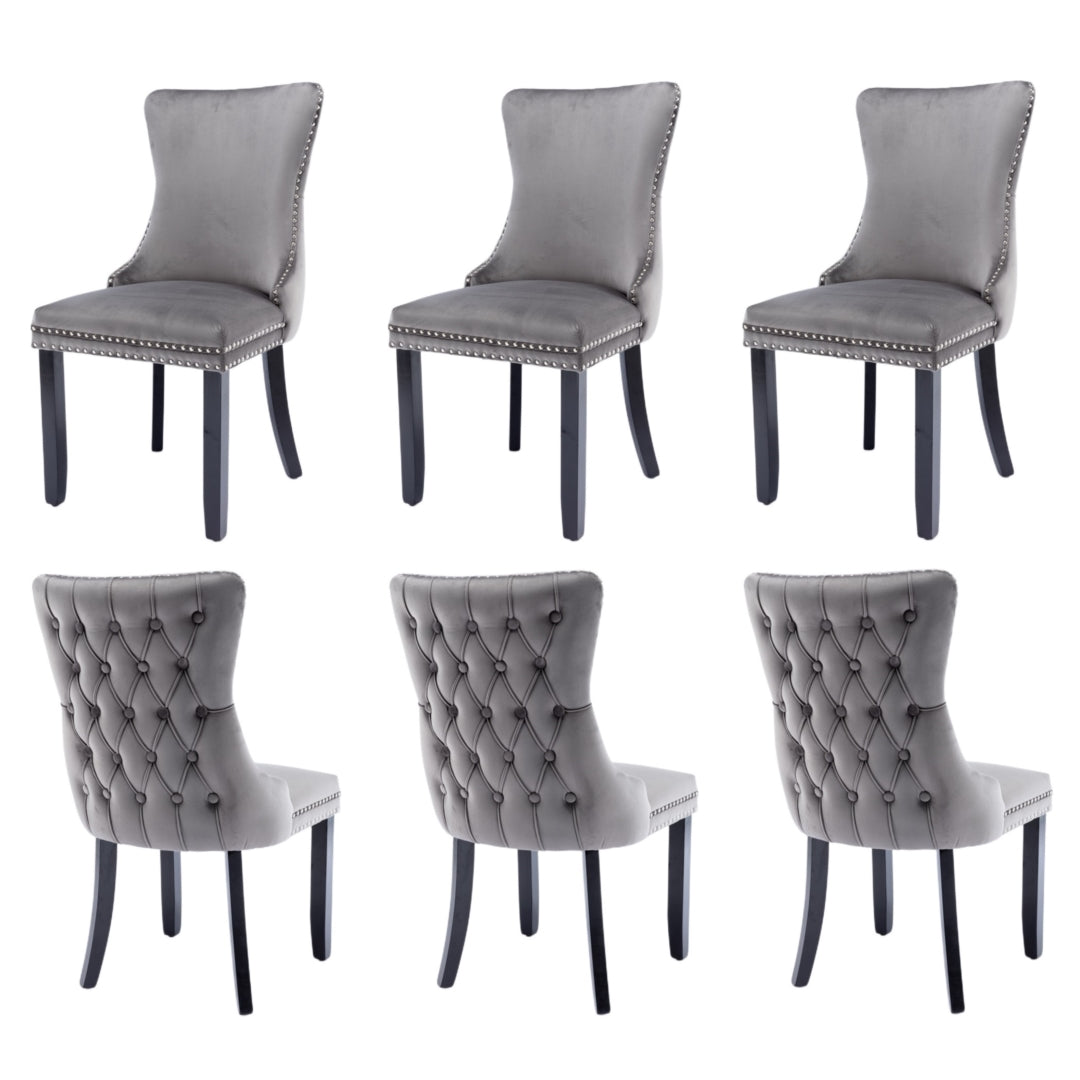 6x Velvet Upholstered Dining Chairs Tufted Wingback Side Chair with Studs Trim Solid Wood Legs for Kitchen - Cosy Abode