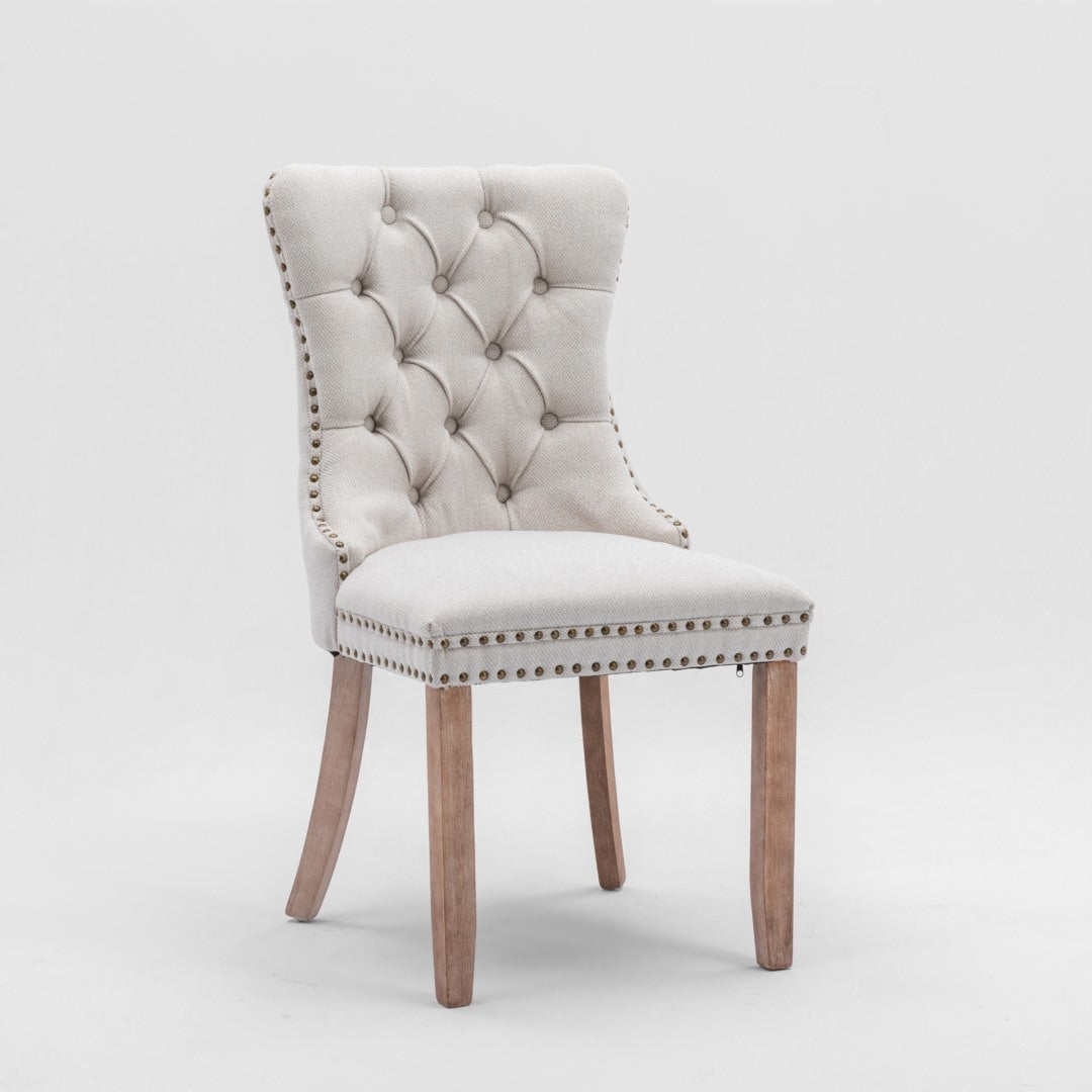 8x AADEN Modern Elegant Button-Tufted Upholstered Fabric with Studs Trim and Wooden legs Dining Side Chair-Beige - Cosy Abode