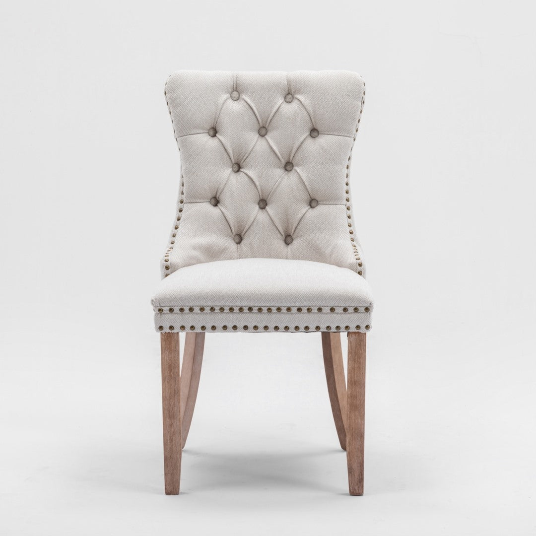 8x AADEN Modern Elegant Button-Tufted Upholstered Fabric with Studs Trim and Wooden legs Dining Side Chair-Beige - Cosy Abode