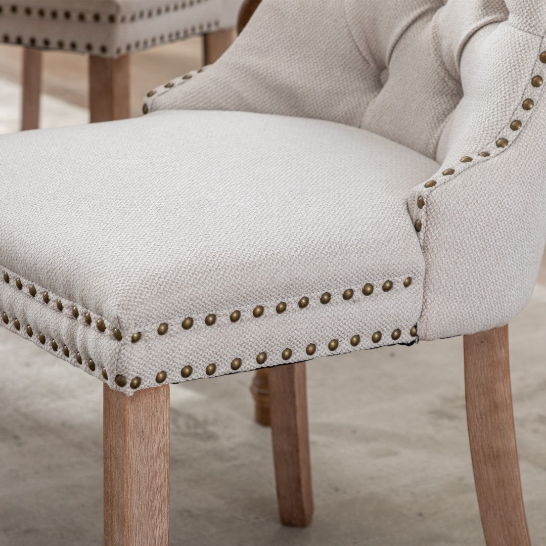 8x AADEN Modern Elegant Button-Tufted Upholstered Fabric with Studs Trim and Wooden legs Dining Side Chair-Beige - Cosy Abode