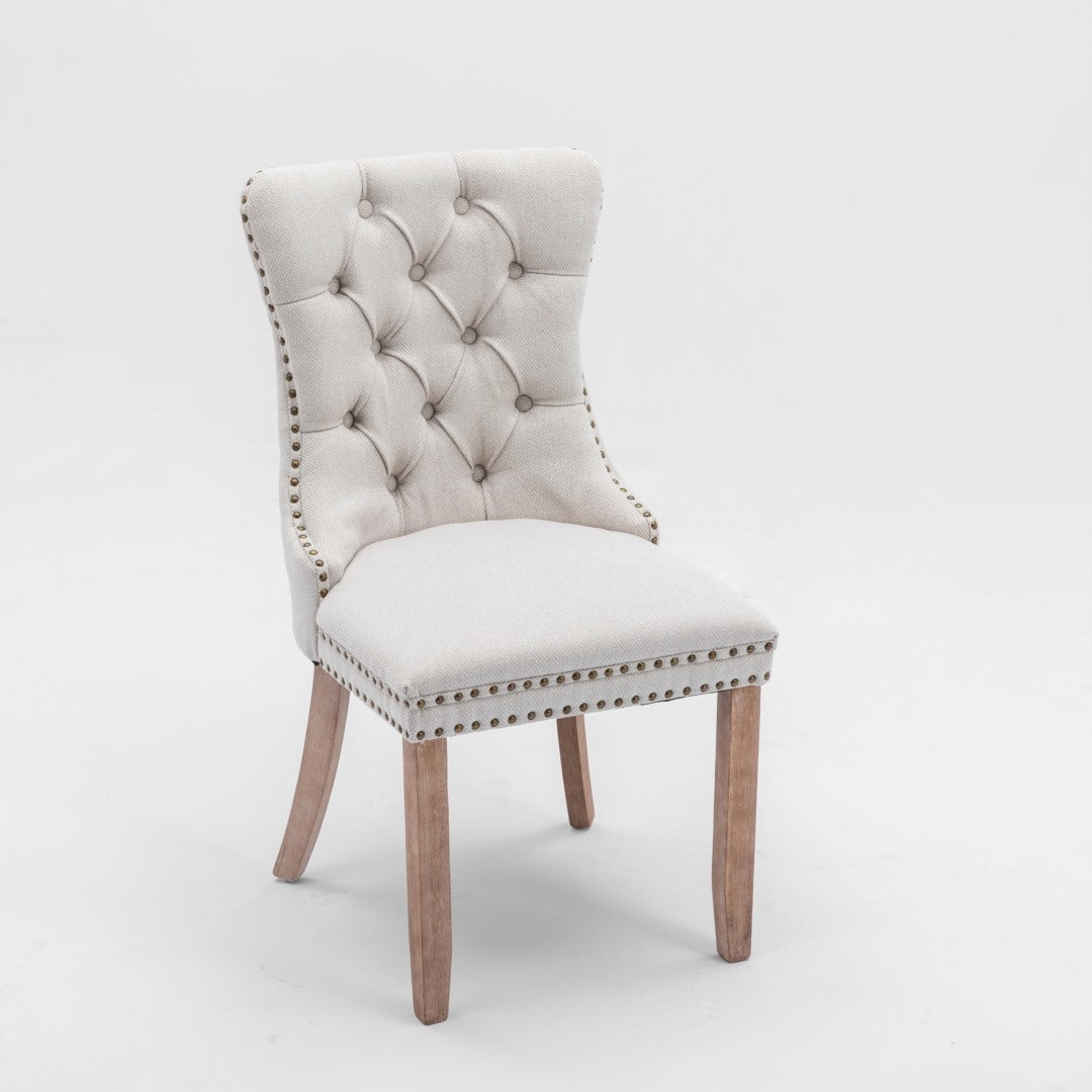 8x AADEN Modern Elegant Button-Tufted Upholstered Fabric with Studs Trim and Wooden legs Dining Side Chair-Beige - Cosy Abode