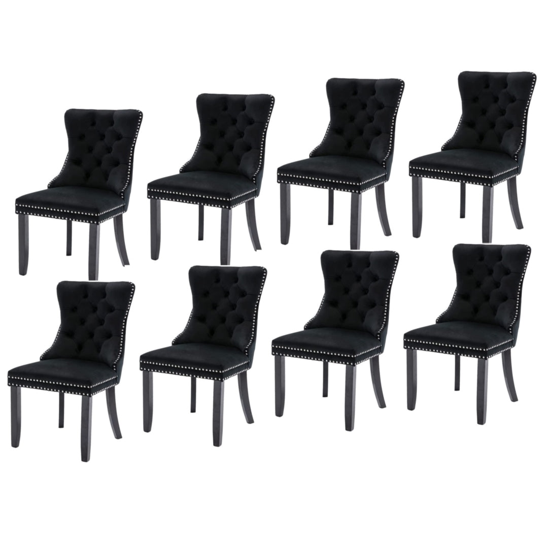 8x Velvet Dining Chairs Upholstered Tufted Kithcen Chair with Solid Wood Legs Stud Trim and Ring-Black - Cosy Abode