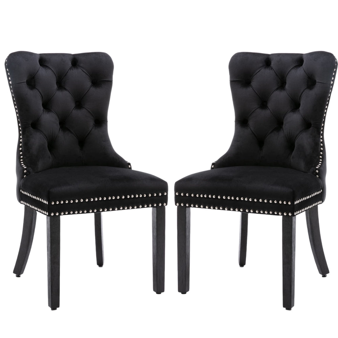 8x Velvet Dining Chairs Upholstered Tufted Kithcen Chair with Solid Wood Legs Stud Trim and Ring-Black - Cosy Abode