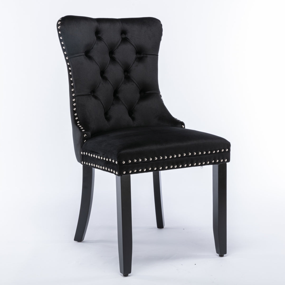 8x Velvet Dining Chairs Upholstered Tufted Kithcen Chair with Solid Wood Legs Stud Trim and Ring-Black - Cosy Abode