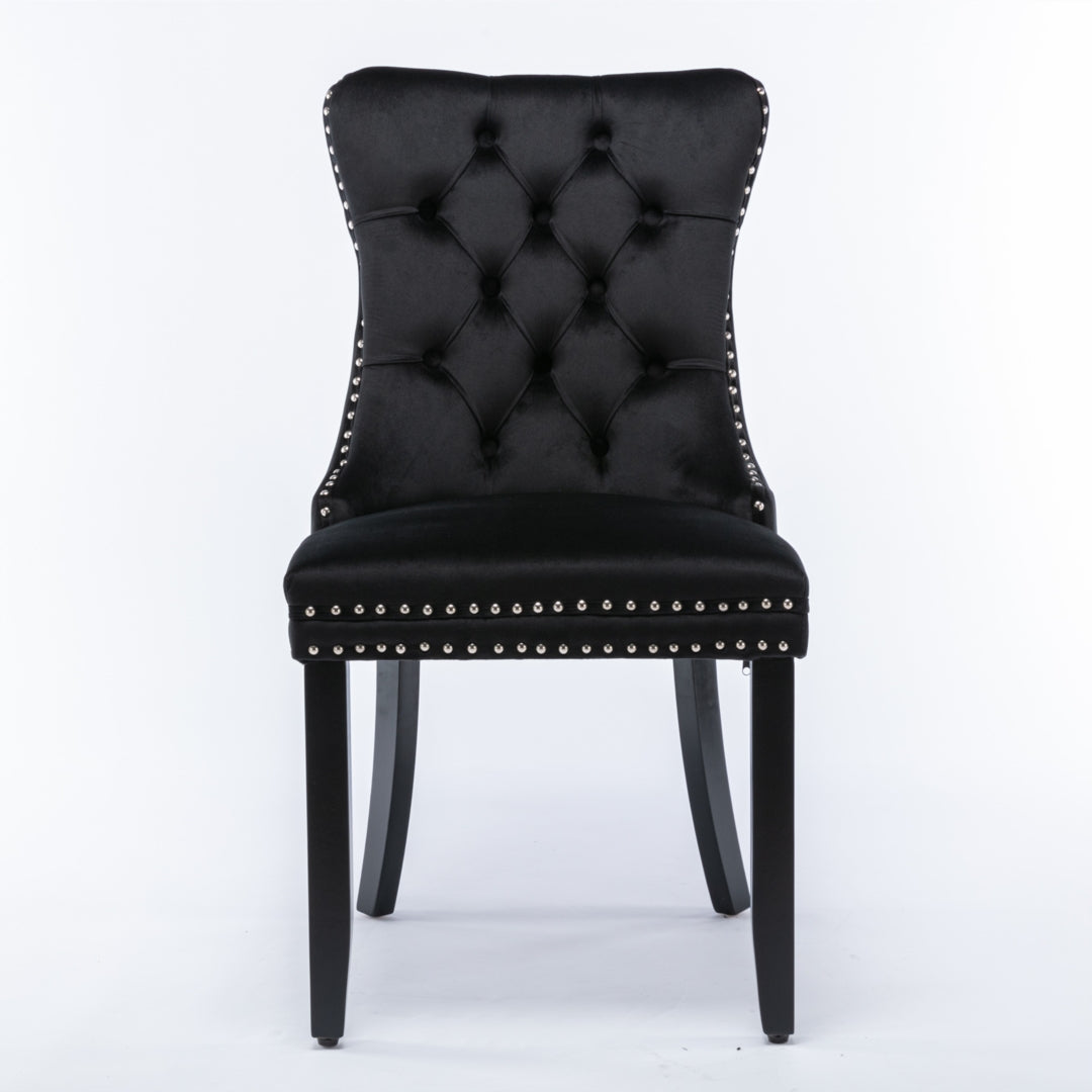 8x Velvet Dining Chairs Upholstered Tufted Kithcen Chair with Solid Wood Legs Stud Trim and Ring-Black - Cosy Abode