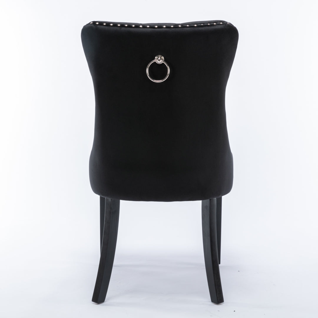 8x Velvet Dining Chairs Upholstered Tufted Kithcen Chair with Solid Wood Legs Stud Trim and Ring-Black - Cosy Abode