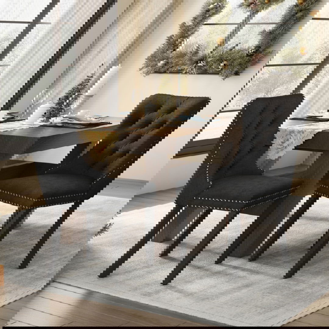 8x Velvet Dining Chairs Upholstered Tufted Kithcen Chair with Solid Wood Legs Stud Trim and Ring-Black - Cosy Abode