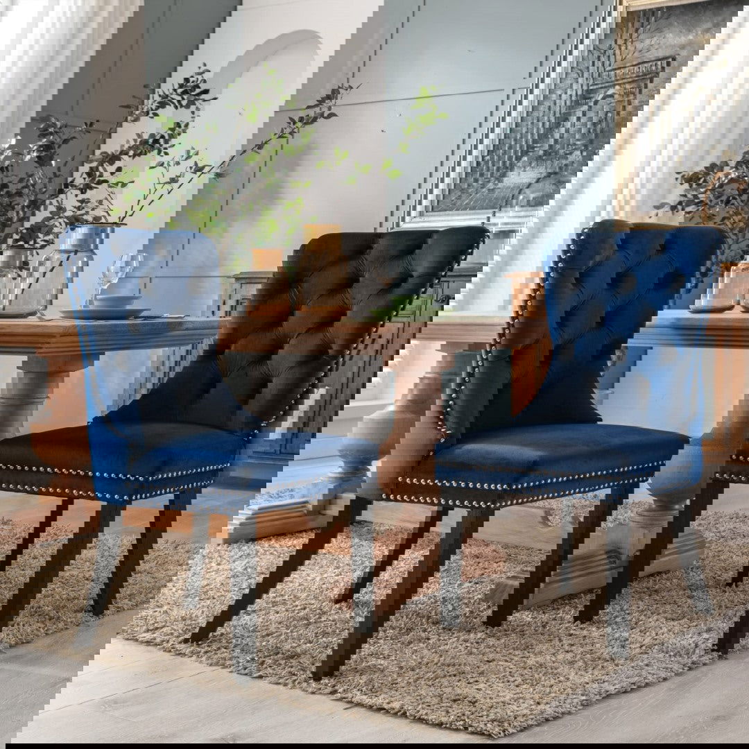 8x Velvet Dining Chairs Upholstered Tufted Kithcen Chair with Solid Wood Legs Stud Trim and Ring-Blue - Cosy Abode