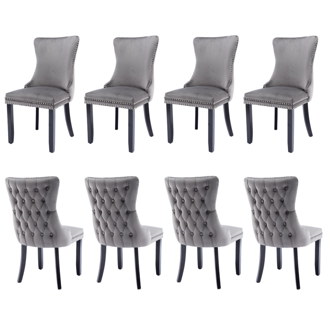8x Velvet Upholstered Dining Chairs Tufted Wingback Side Chair with Studs Trim Solid Wood Legs for Kitchen - Cosy Abode