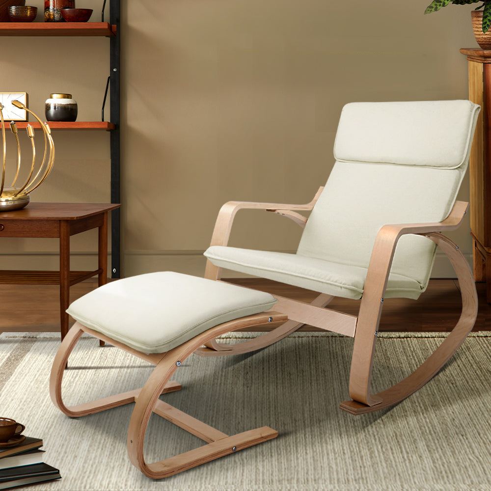 Artiss Rocking Armchair Bentwood Frame With Foot Stool Beige - Cosy Abode