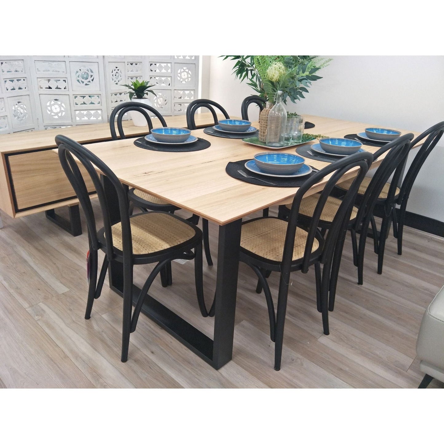 Aconite 7pc 180cm Dining Table Set 6 Arched Back Chair Solid Messmate Timber - Cosy Abode