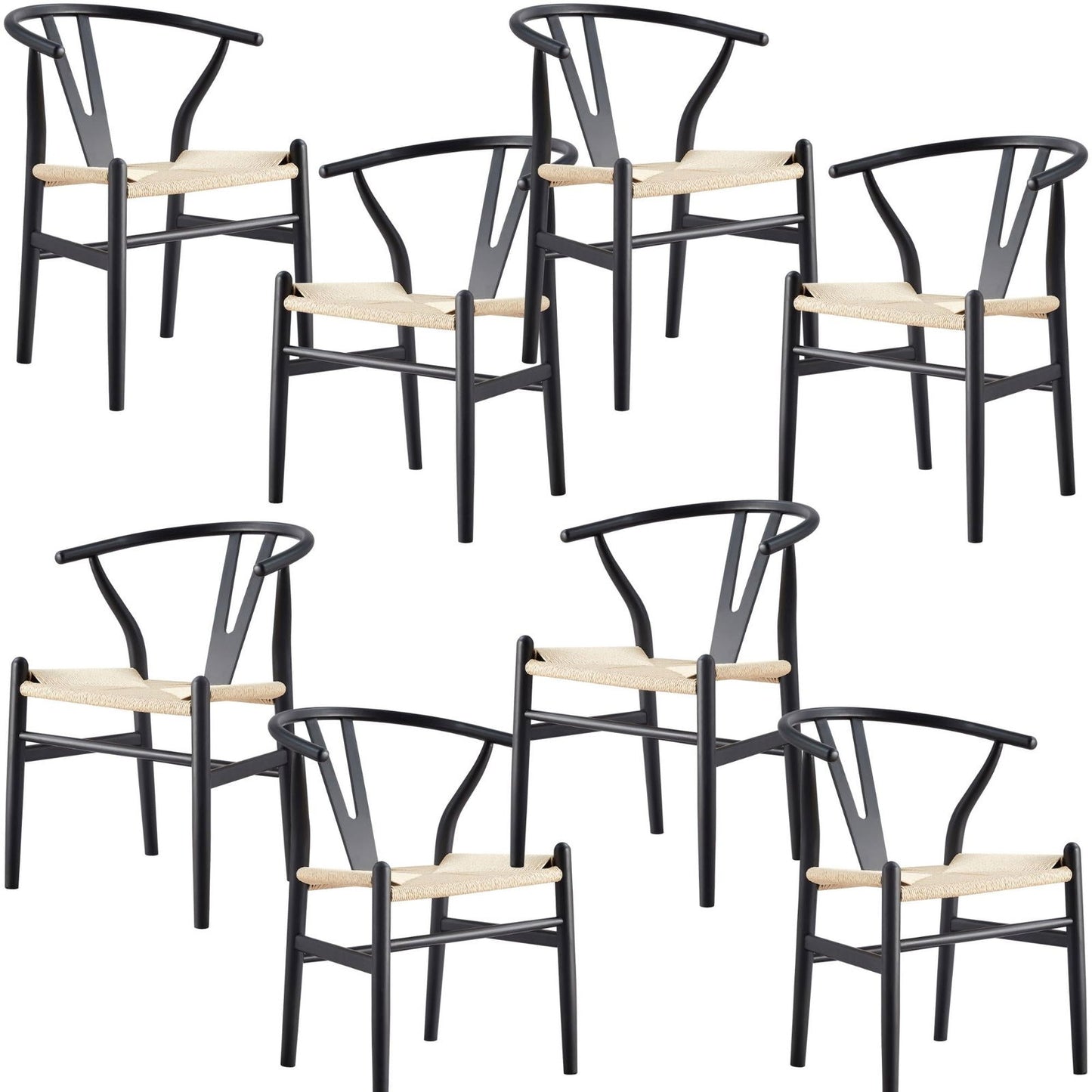 Anemone Set of 8 Wishbone Dining Chair Beech Timber Replica Hans Wenger - Black - Cosy Abode