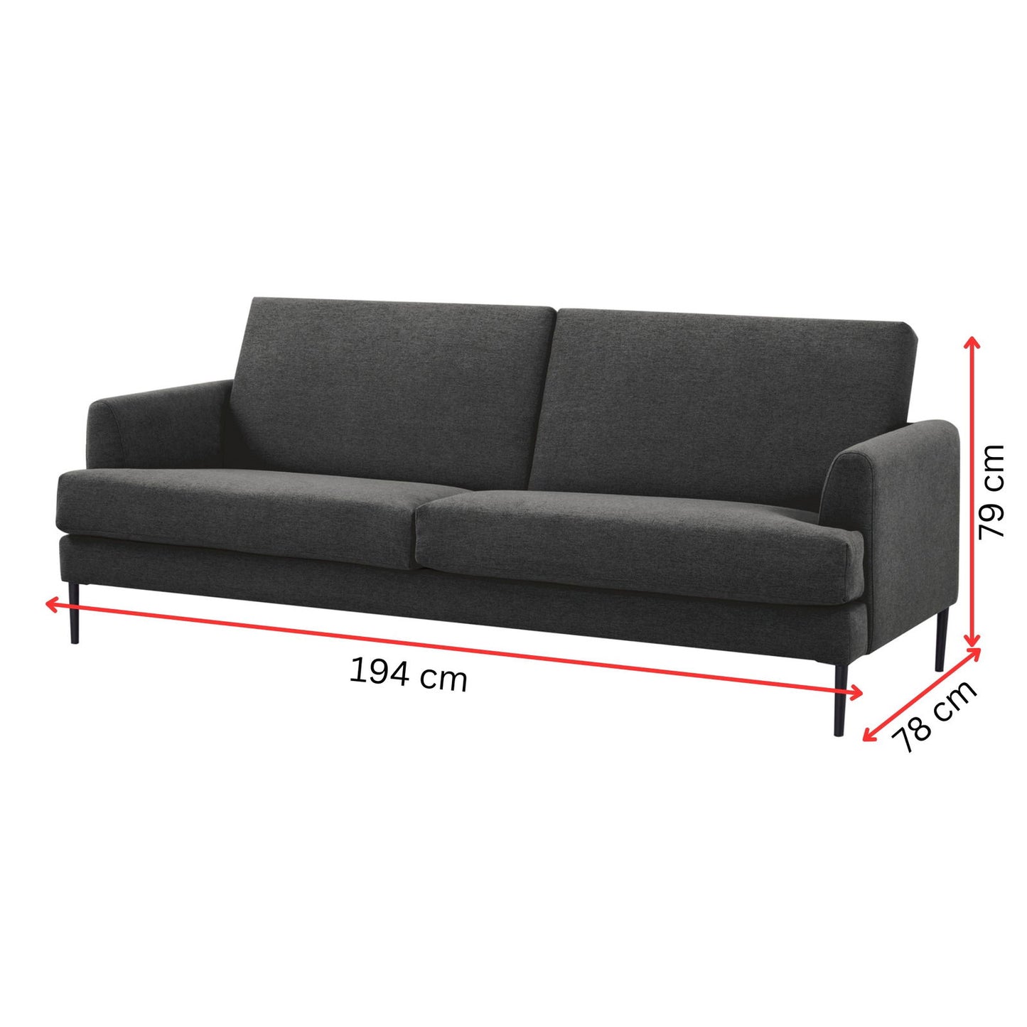Ariya 3 Seater Sofa Fabric Uplholstered Lounge Couch - Charcoal - Cosy Abode