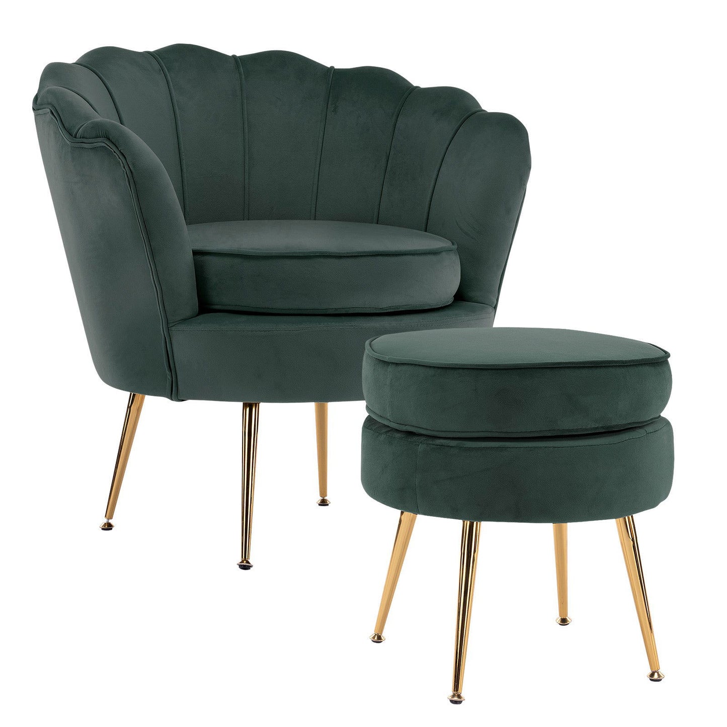 Armchair Lounge Chair Accent Velvet Shell Scallop + Ottoman Footstool Round GREEN - Cosy Abode