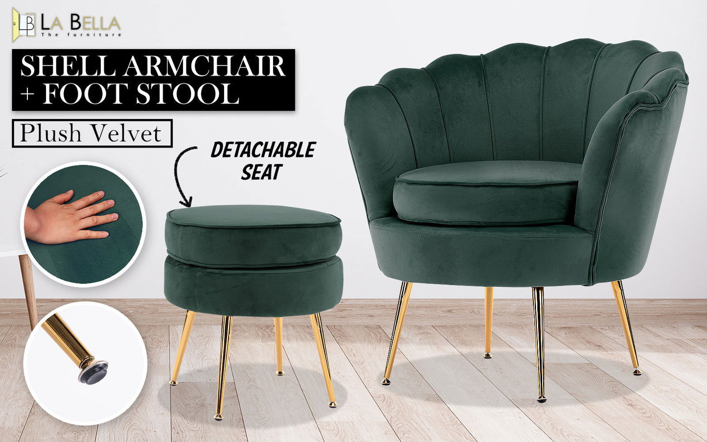 Armchair Lounge Chair Accent Velvet Shell Scallop + Ottoman Footstool Round GREEN - Cosy Abode