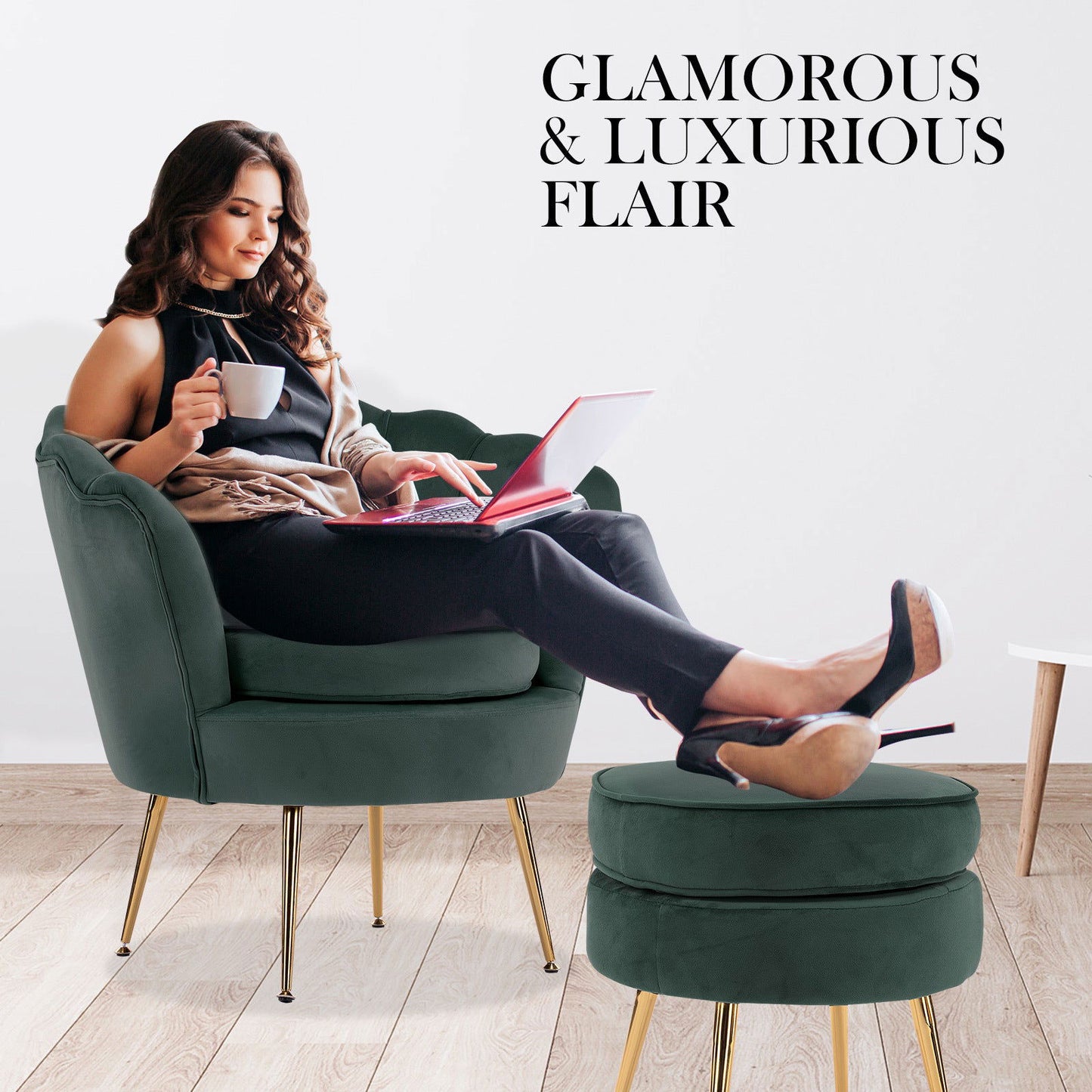 Armchair Lounge Chair Accent Velvet Shell Scallop + Ottoman Footstool Round GREEN - Cosy Abode