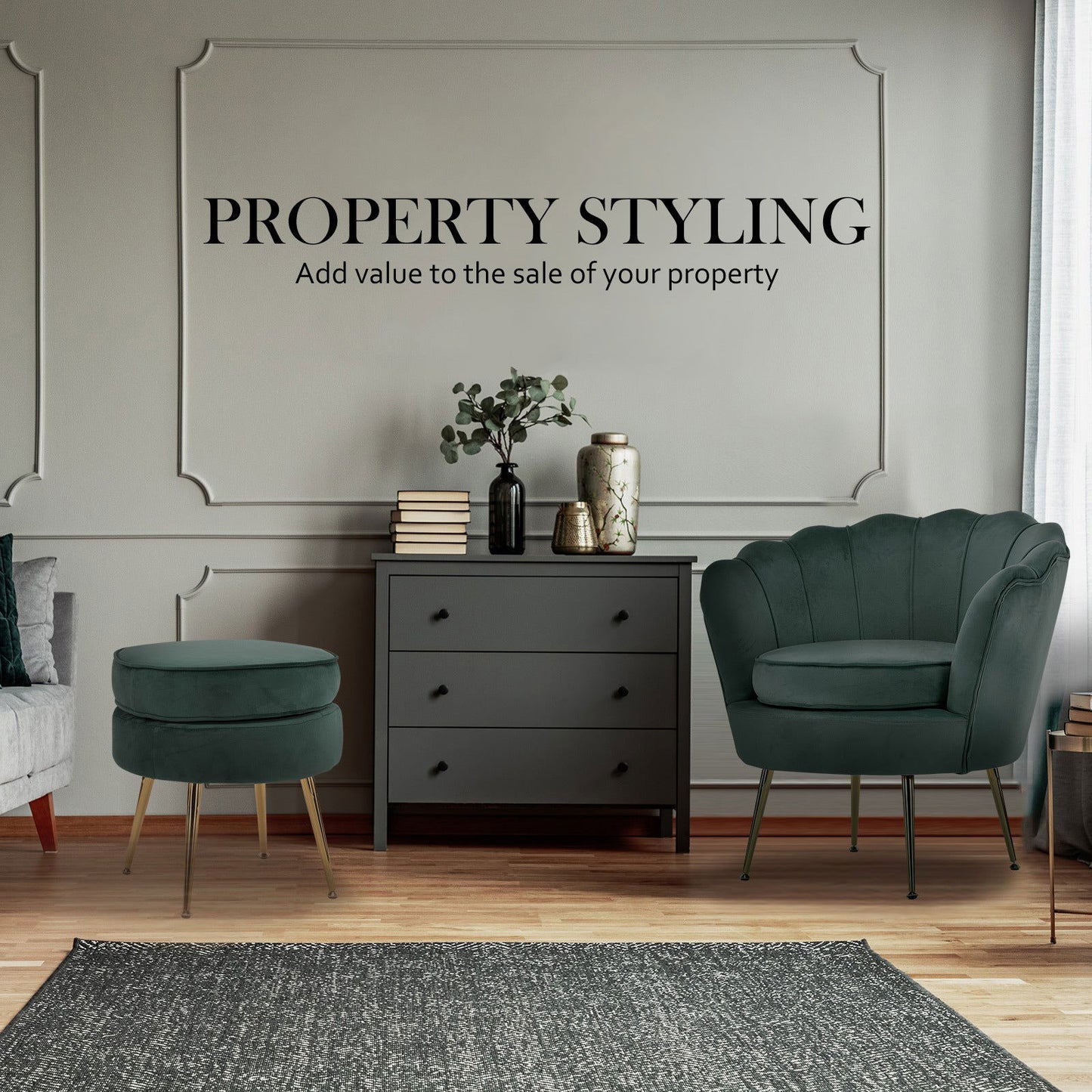 Armchair Lounge Chair Accent Velvet Shell Scallop + Ottoman Footstool Round GREEN - Cosy Abode
