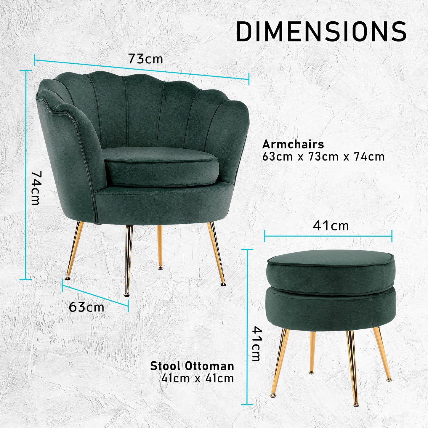 Armchair Lounge Chair Accent Velvet Shell Scallop + Ottoman Footstool Round GREEN - Cosy Abode