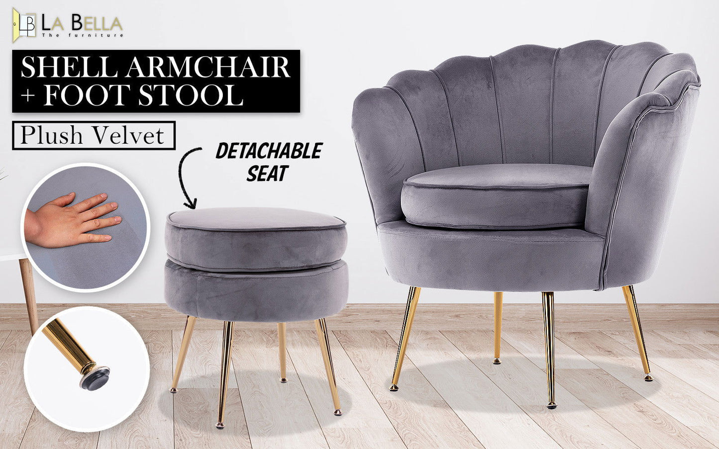 Armchair Lounge Chair Accent Velvet Shell Scallop + Ottoman Footstool Round GREY - Cosy Abode