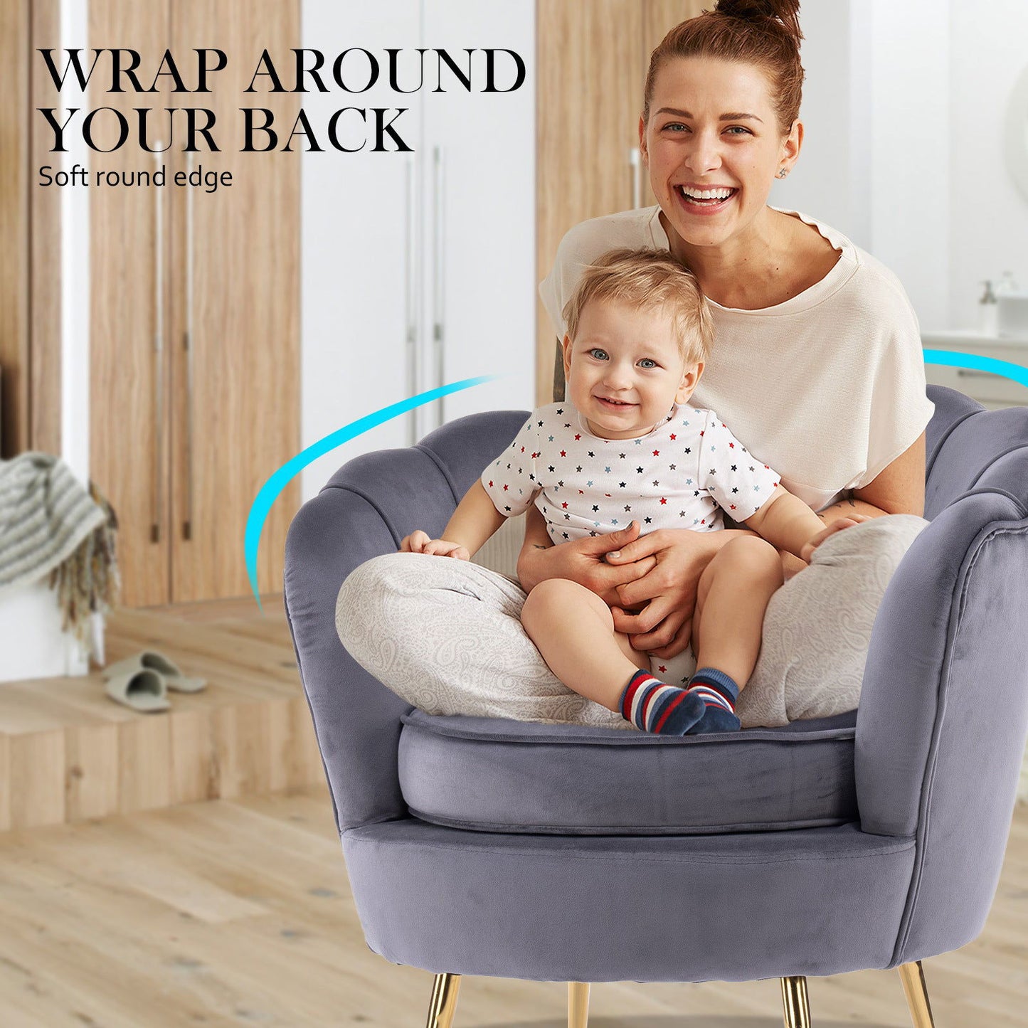 Armchair Lounge Chair Accent Velvet Shell Scallop + Ottoman Footstool Round GREY - Cosy Abode