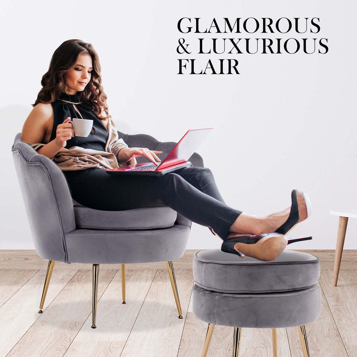 Armchair Lounge Chair Accent Velvet Shell Scallop + Ottoman Footstool Round GREY - Cosy Abode