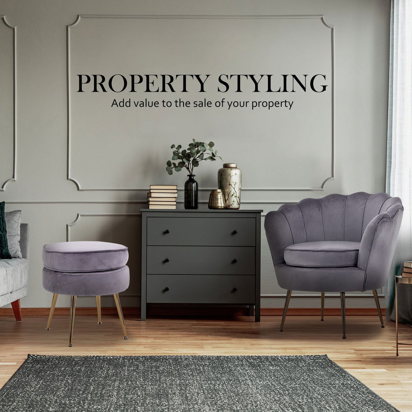 Armchair Lounge Chair Accent Velvet Shell Scallop + Ottoman Footstool Round GREY - Cosy Abode