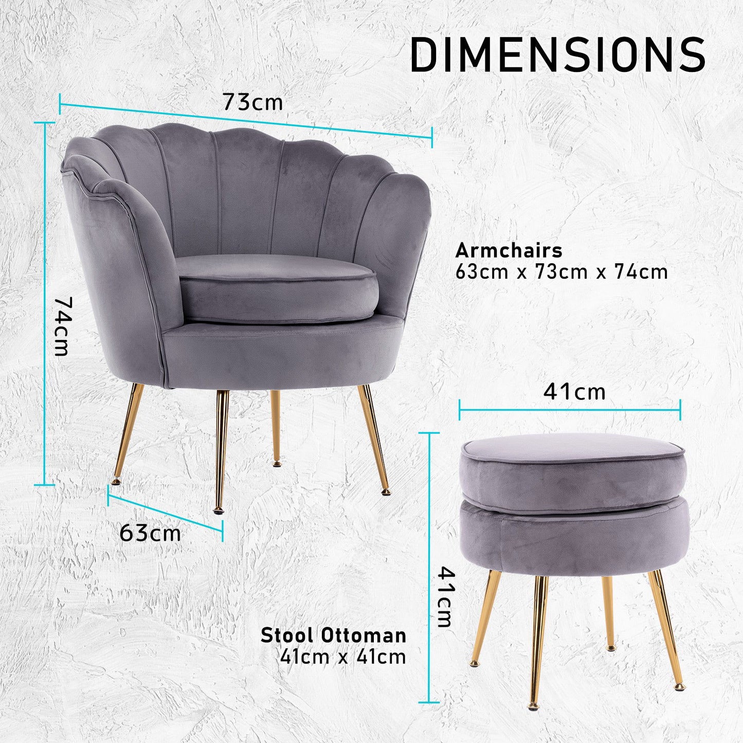 Armchair Lounge Chair Accent Velvet Shell Scallop + Ottoman Footstool Round GREY - Cosy Abode