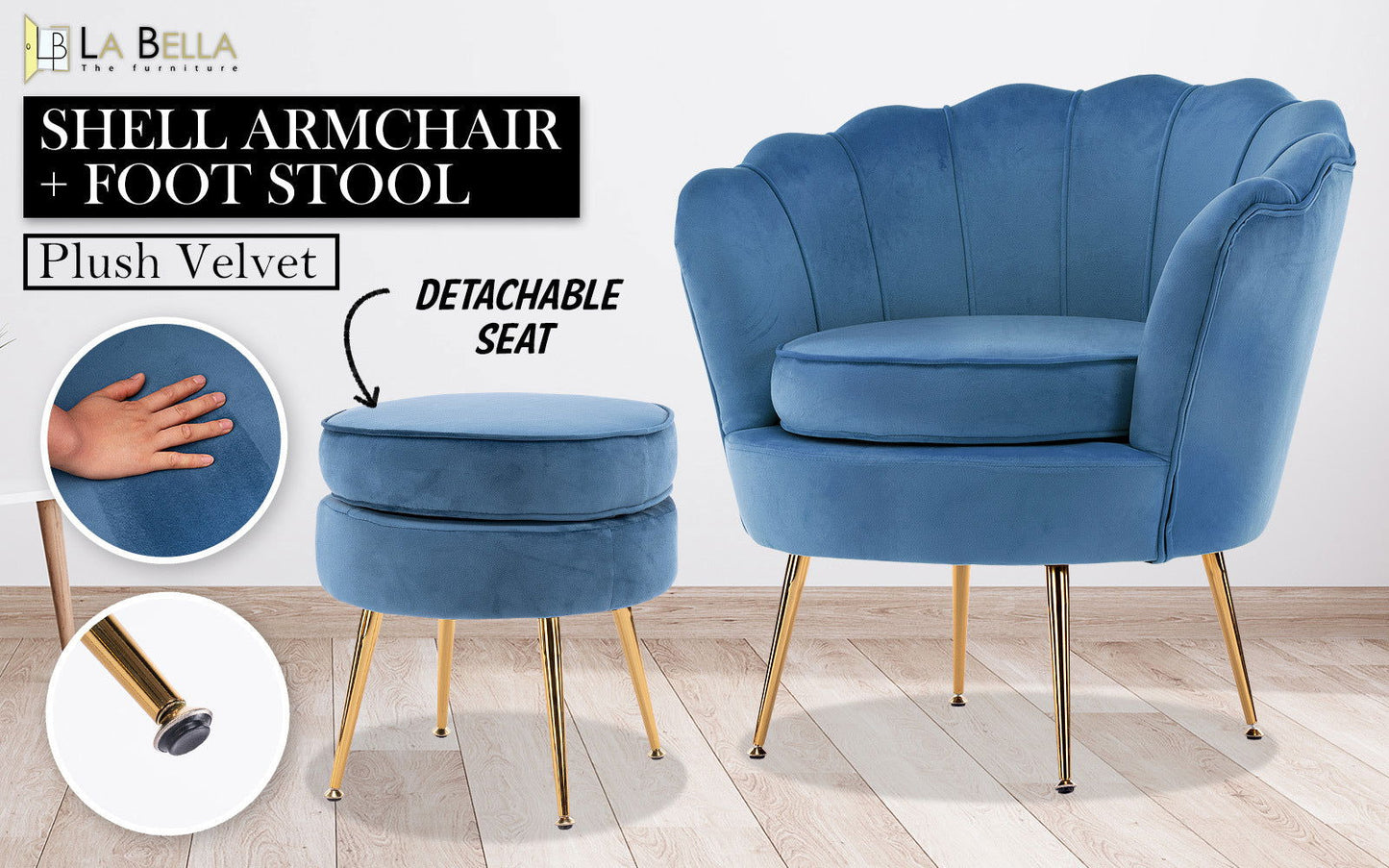 Armchair Lounge Chair Accent Velvet Shell Scallop + Ottoman Footstool Round NAVY BLUE - Cosy Abode