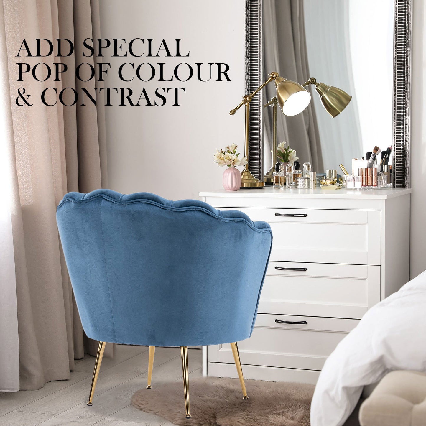 Armchair Lounge Chair Accent Velvet Shell Scallop + Ottoman Footstool Round NAVY BLUE - Cosy Abode