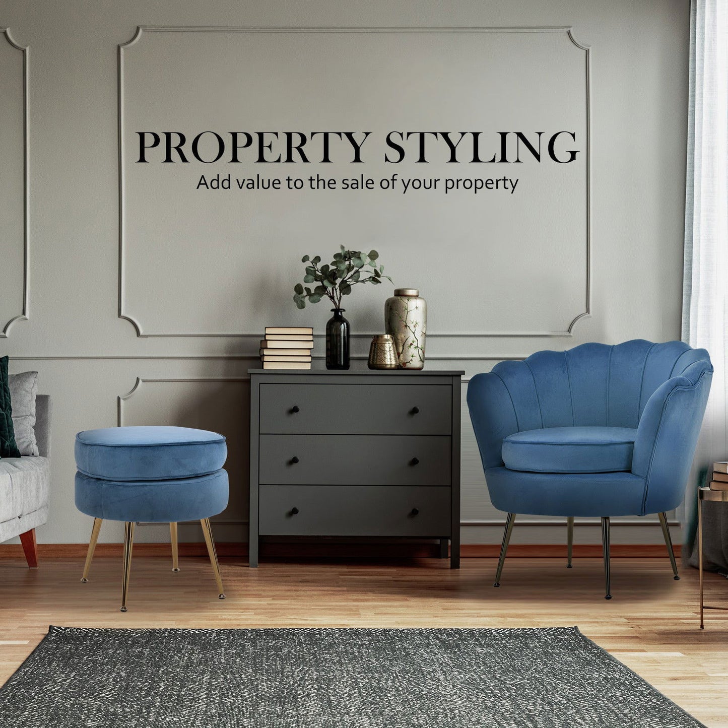 Armchair Lounge Chair Accent Velvet Shell Scallop + Ottoman Footstool Round NAVY BLUE - Cosy Abode