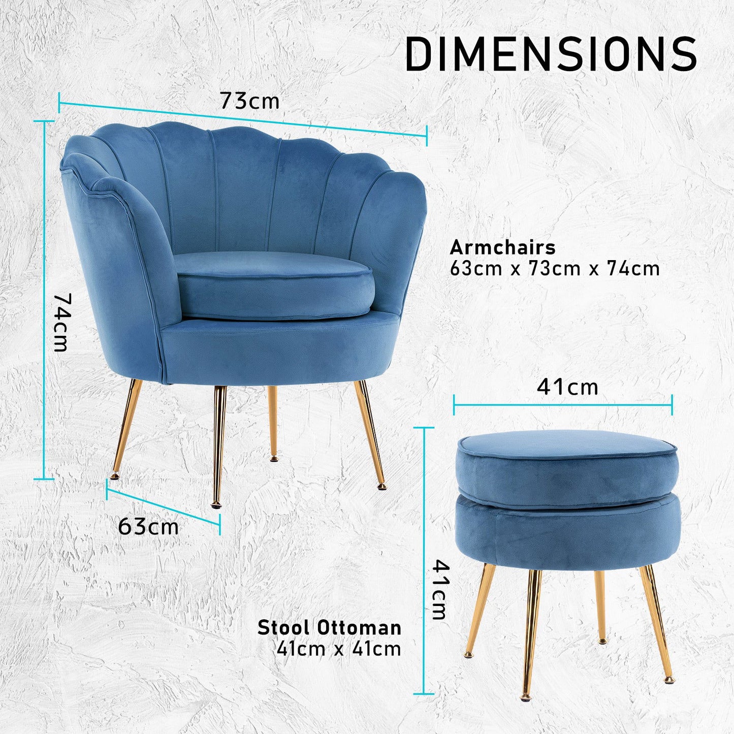 Armchair Lounge Chair Accent Velvet Shell Scallop + Ottoman Footstool Round NAVY BLUE - Cosy Abode