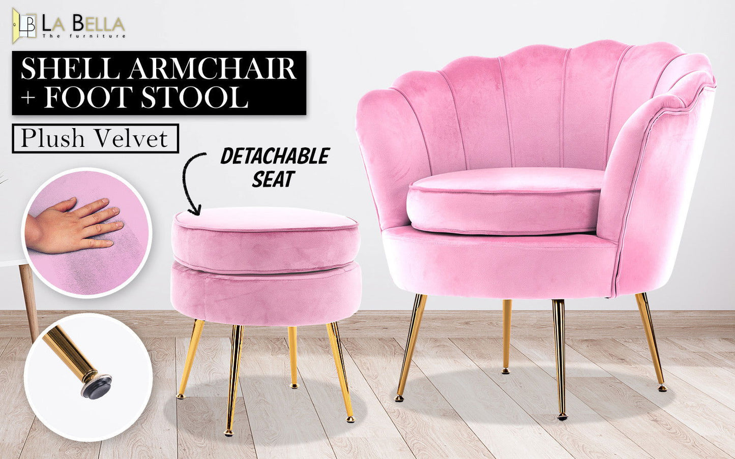 Armchair Lounge Chair Accent Velvet Shell Scallop + Round Ottoman Footstool PINK - Cosy Abode