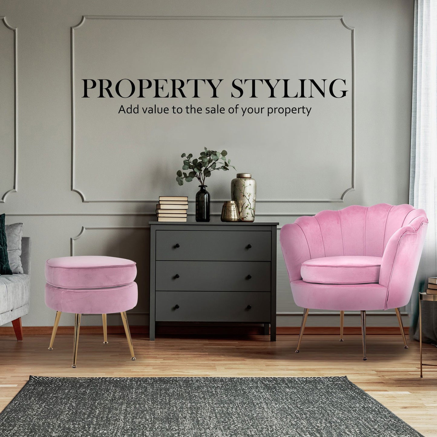 Armchair Lounge Chair Accent Velvet Shell Scallop + Round Ottoman Footstool PINK - Cosy Abode