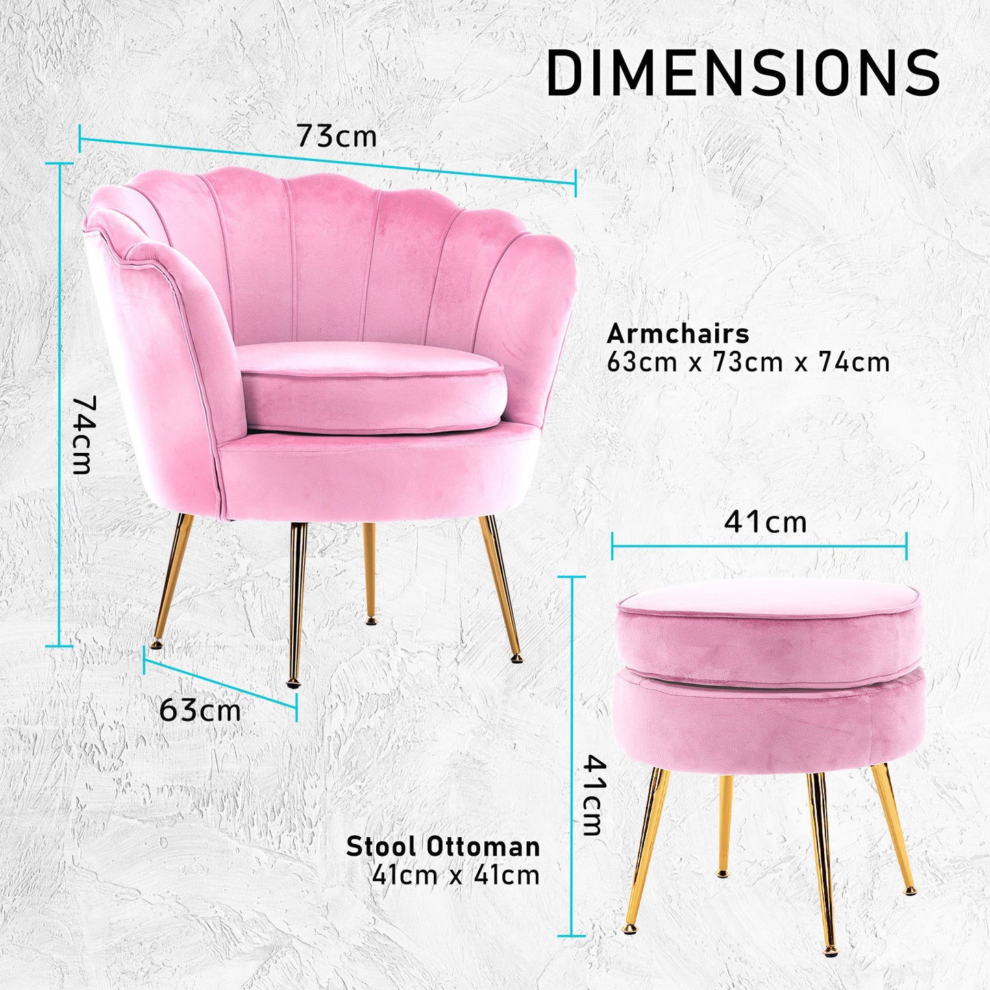 Armchair Lounge Chair Accent Velvet Shell Scallop + Round Ottoman Footstool PINK - Cosy Abode