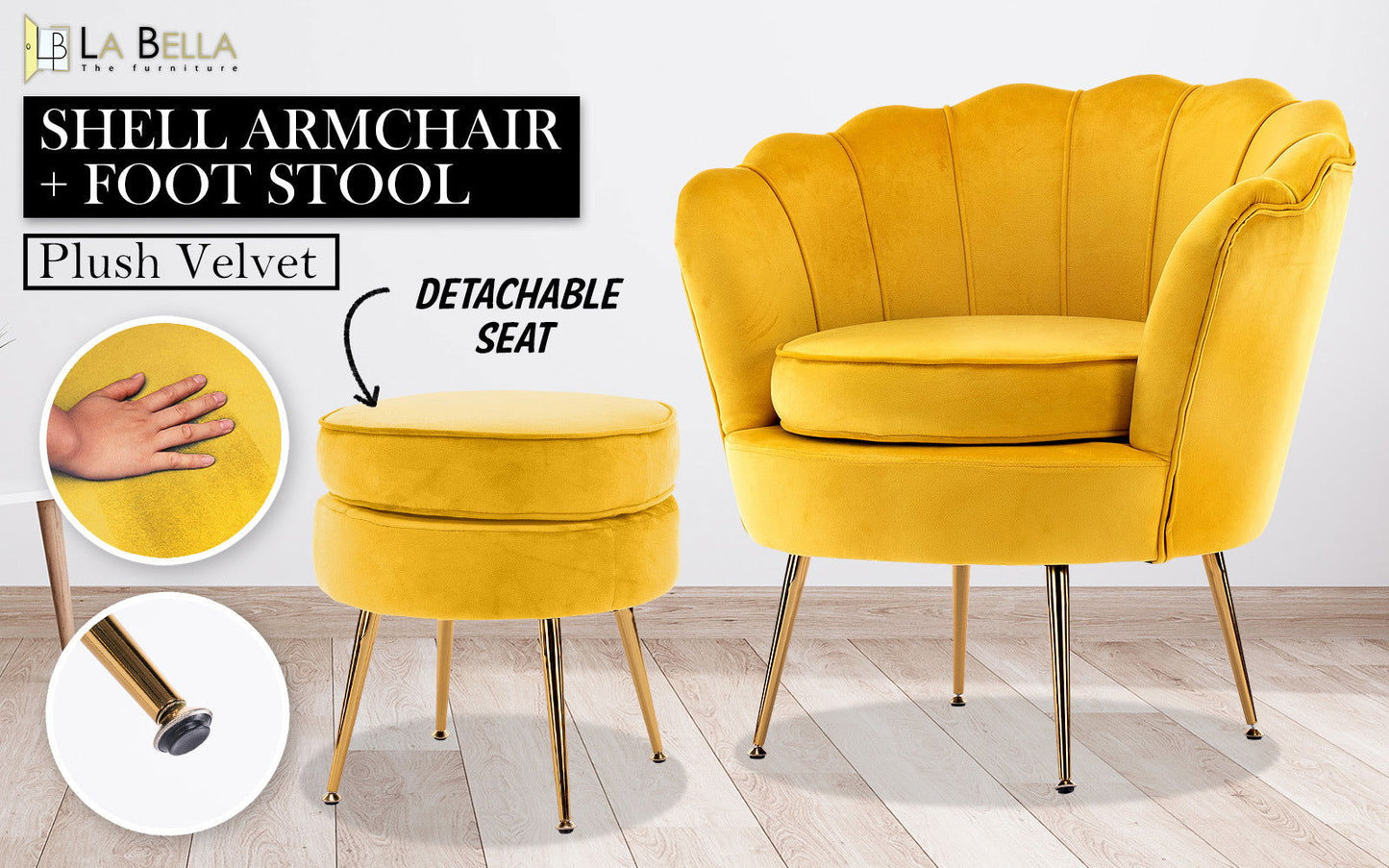 Armchair Lounge Chair Accent Velvet Shell Scallop + Round Ottoman Footstool YELLOW - Cosy Abode