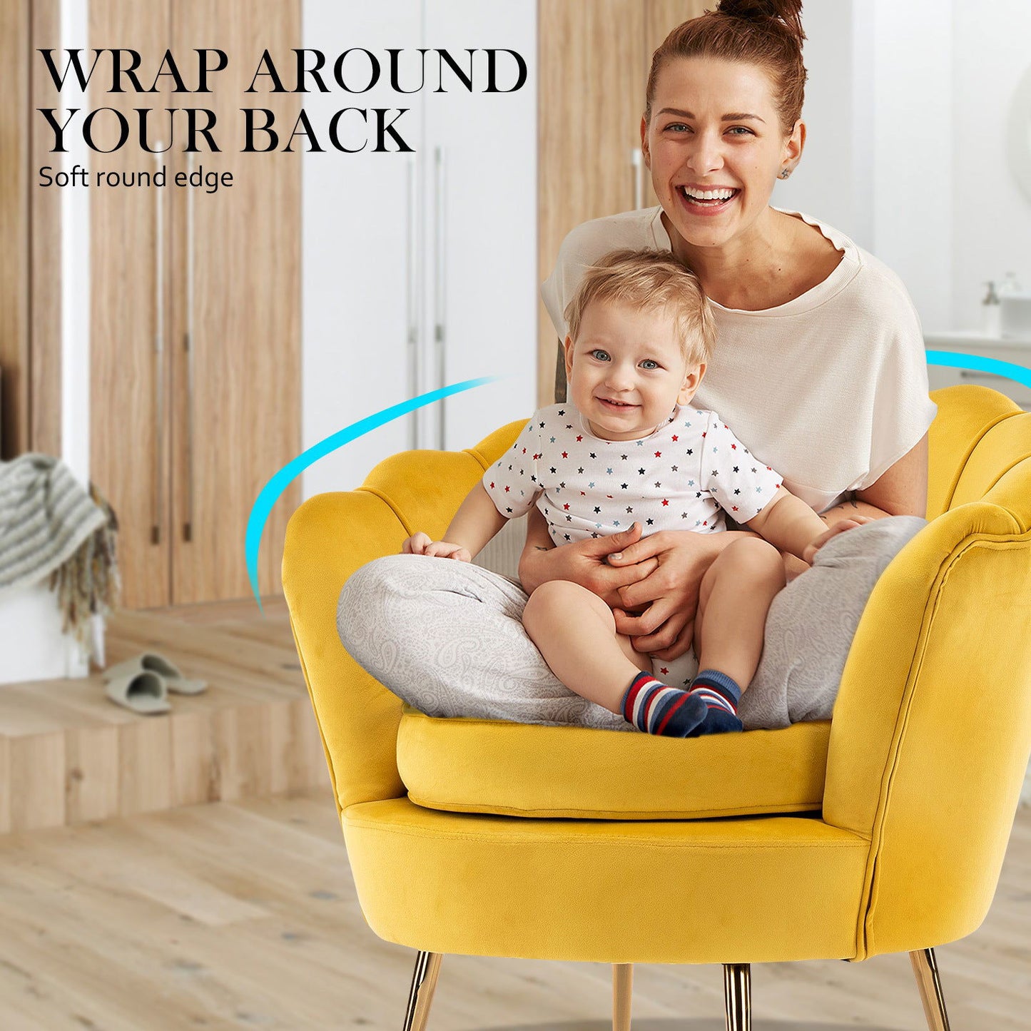 Armchair Lounge Chair Accent Velvet Shell Scallop + Round Ottoman Footstool YELLOW - Cosy Abode