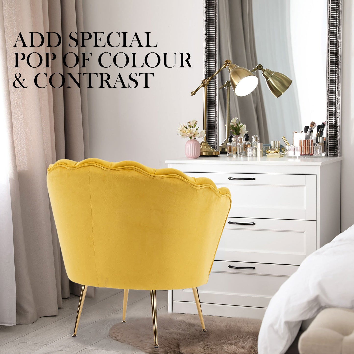 Armchair Lounge Chair Accent Velvet Shell Scallop + Round Ottoman Footstool YELLOW - Cosy Abode